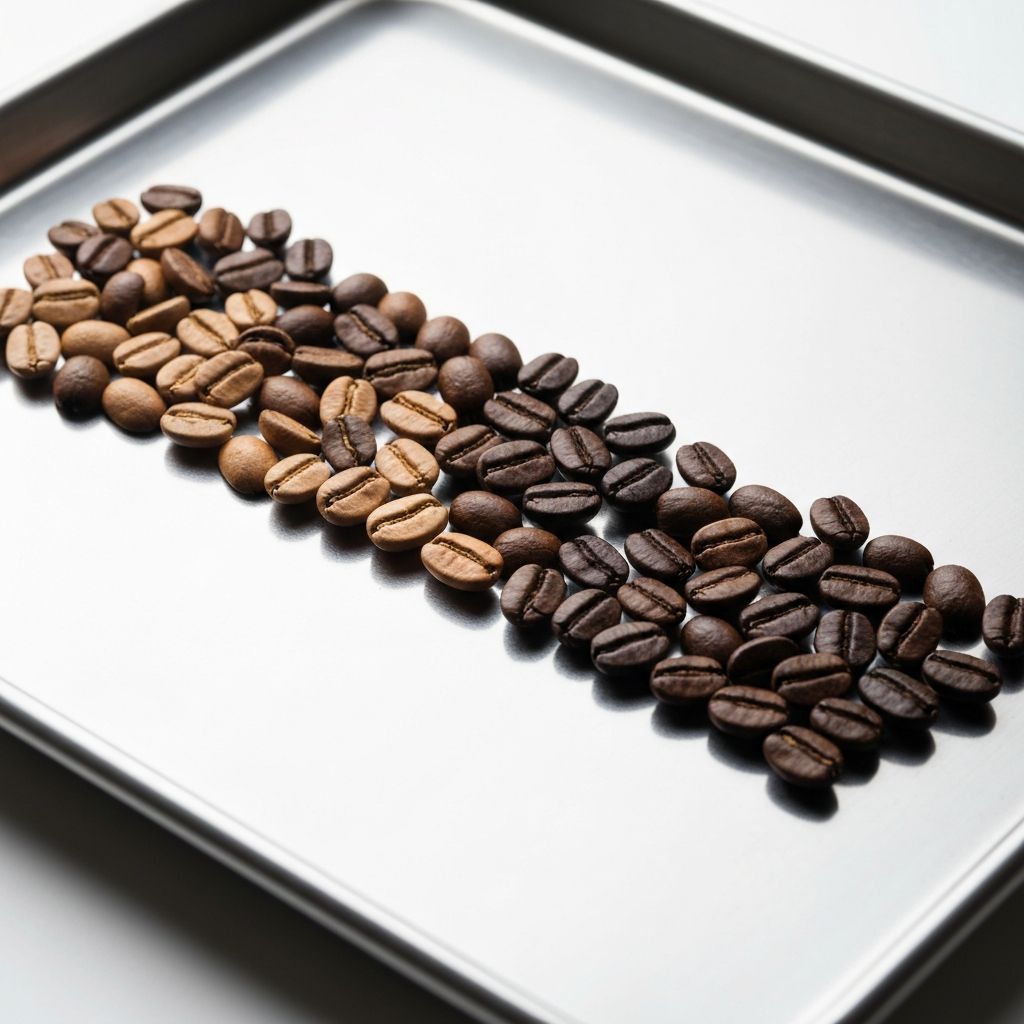 Röstproben von hell bis dunkel in Röstfortschritt auf Blech