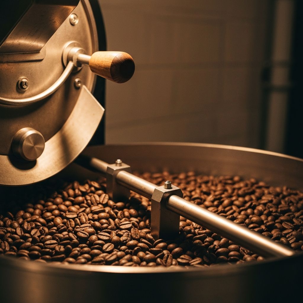 Röstende Bohnen in der Entwicklungsphase im Rösttrommeltrommel